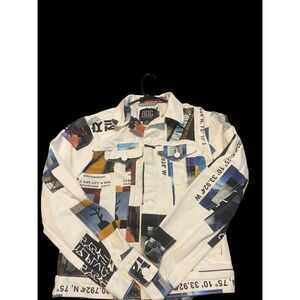 BDG Urban Outfitters Mens White Blue Graphic Print Oversized Denim Jacket Small